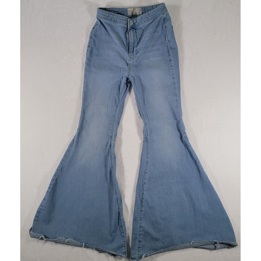 FREE PEOPLE Women's W 27 Stretch Raw Hem Flare Mid-Rise Jeans Blue Denim